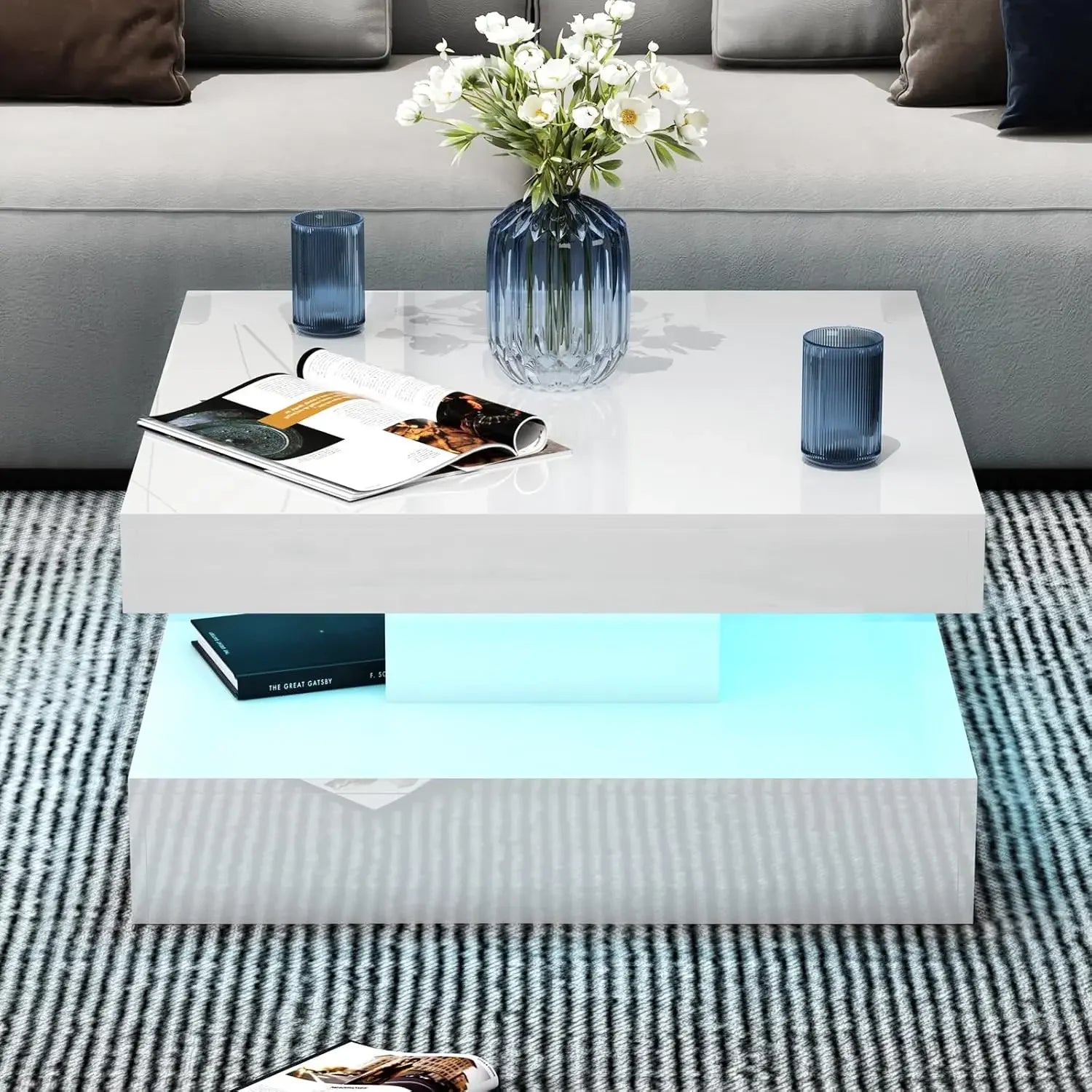 Coffee Table with Storage for Living Room Modern Smart Tall Square Center Table 2 Tier Display Shelf