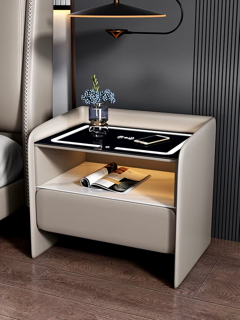 Modern Style Smart Bedside Table with Wireless Charging, Multi-Function Wood 1 Drawer Nightstand with Password Lock