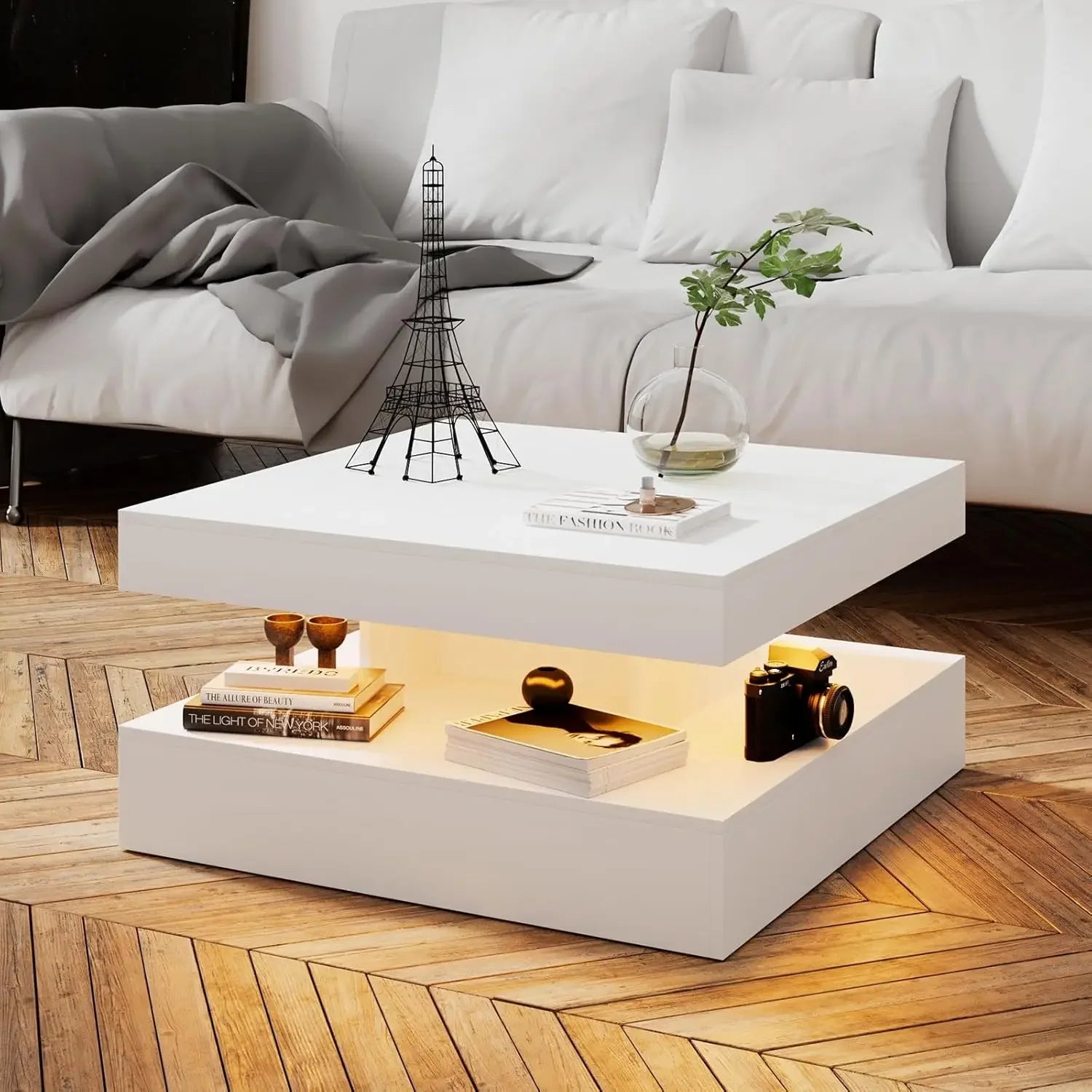 Coffee Table with Storage for Living Room Modern Smart Tall Square Center Table 2 Tier Display Shelf