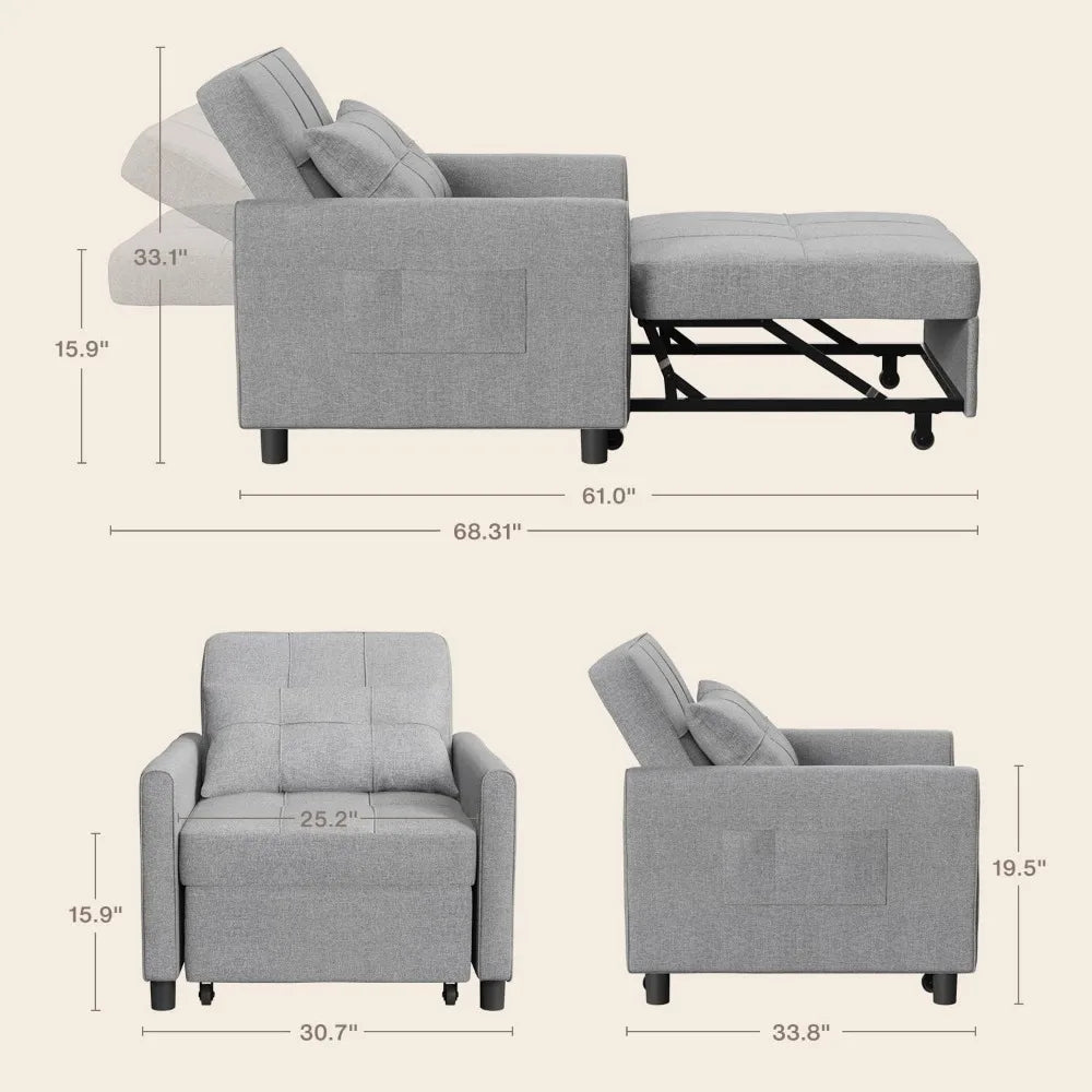 Sleeper Sofa Chair Bed, Convertible Sofa Chair 3-In-1, Adjustable Sleeper Chair Pullout Sofa Bed with Modern Linen Fabric