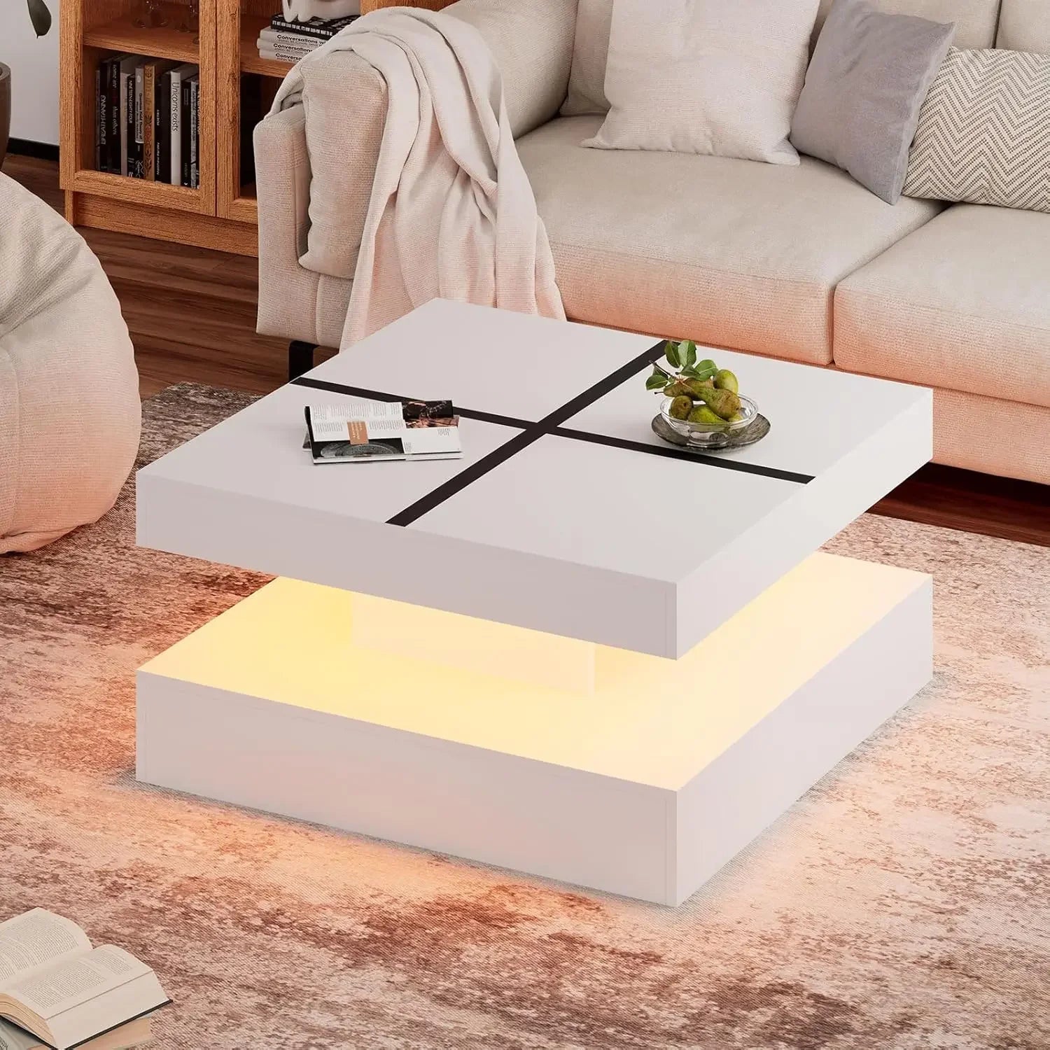 Coffee Table with Storage for Living Room Modern Smart Tall Square Center Table 2 Tier Display Shelf