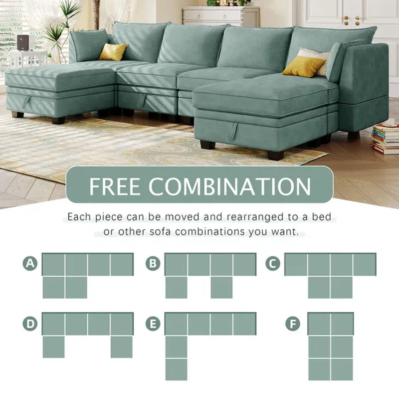 MODERNLUXE 115" Large U/L Shaped Sectional Sofa, 6 Seat Convertible Couch Sleeper Bed with Storage Seat and Removable Cushions, Modular Sofa with 2 Stools, Gray/Green/Beige