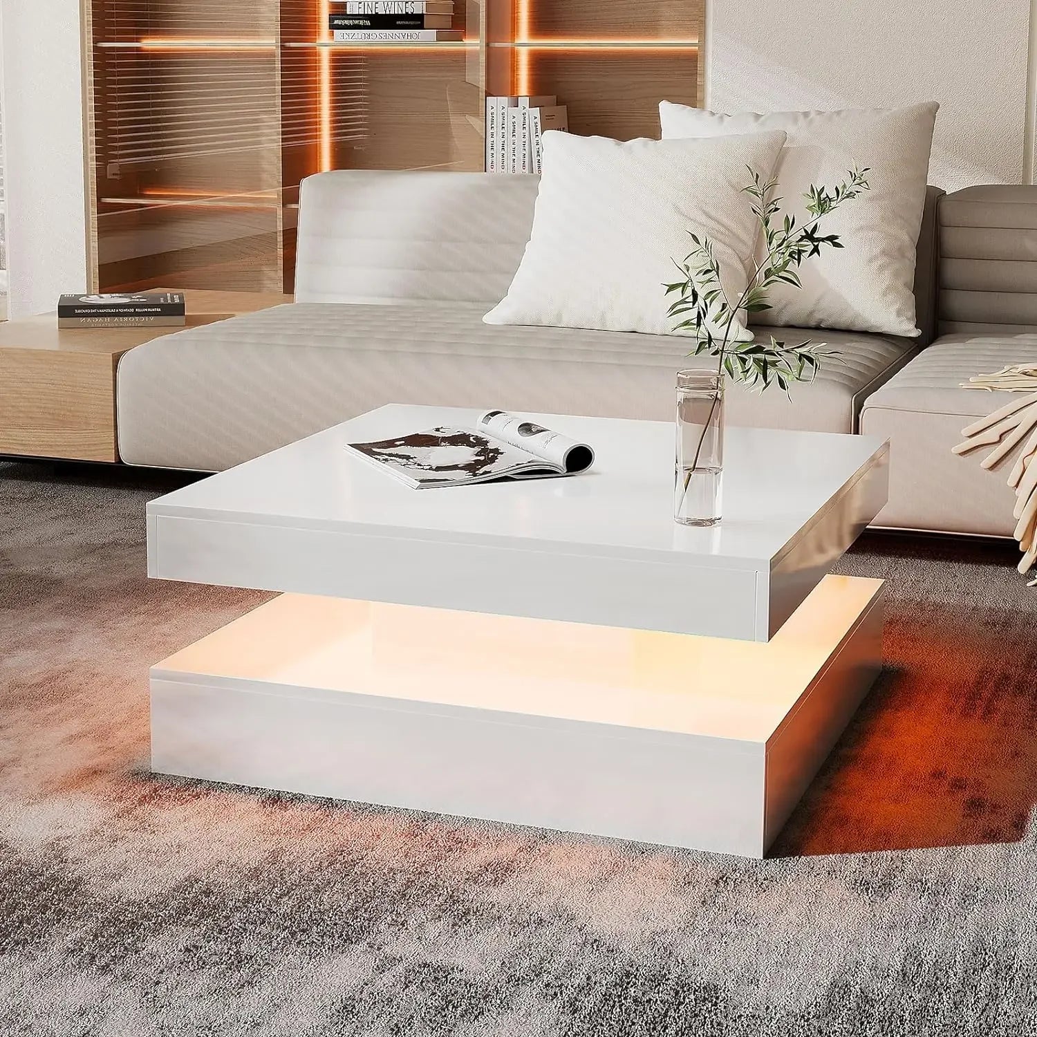 Coffee Table with Storage for Living Room Modern Smart Tall Square Center Table 2 Tier Display Shelf