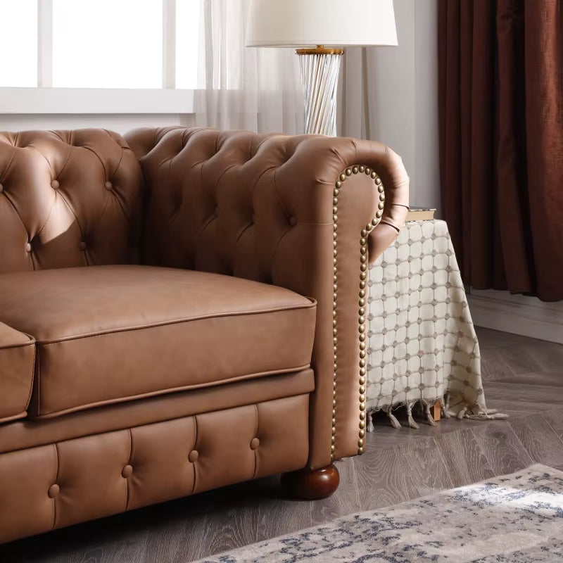 Classic Chesterfield Sofa Brown Faux Leather High-End Leather Sofa,Living Room Sofa,Office Sofa for Indoor Living Room Furniture