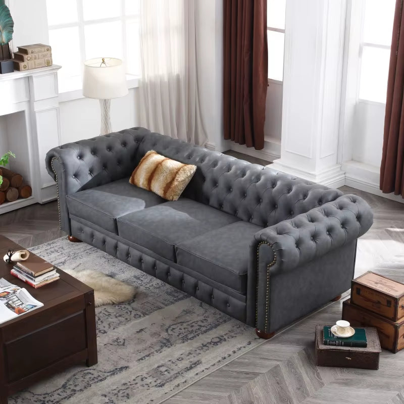 Classic Chesterfield Sofa Brown Faux Leather High-End Leather Sofa,Living Room Sofa,Office Sofa for Indoor Living Room Furniture