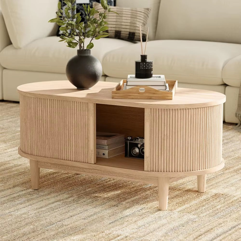 Coffee Table, Mid Century Modern Coffee Table with Sliding Tambour Door, Fluted Accent Center Table with Storage