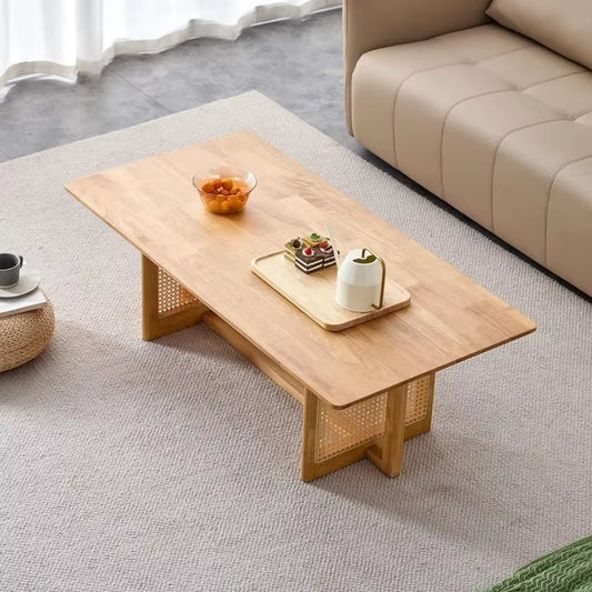 Rattan Coffee Table Rectangular Solid Wood Coffee Table with Cross Table Legs for Living Room Furniturefreight Free Side Tea