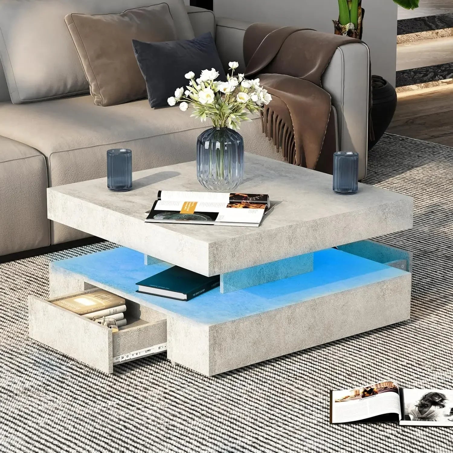 Coffee Table with Storage for Living Room Modern Smart Tall Square Center Table 2 Tier Display Shelf