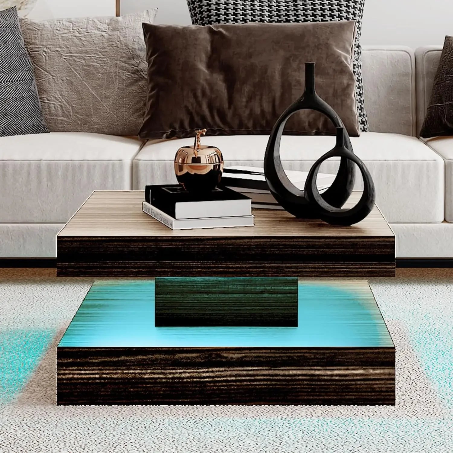 Coffee Table with Storage for Living Room Modern Smart Tall Square Center Table 2 Tier Display Shelf