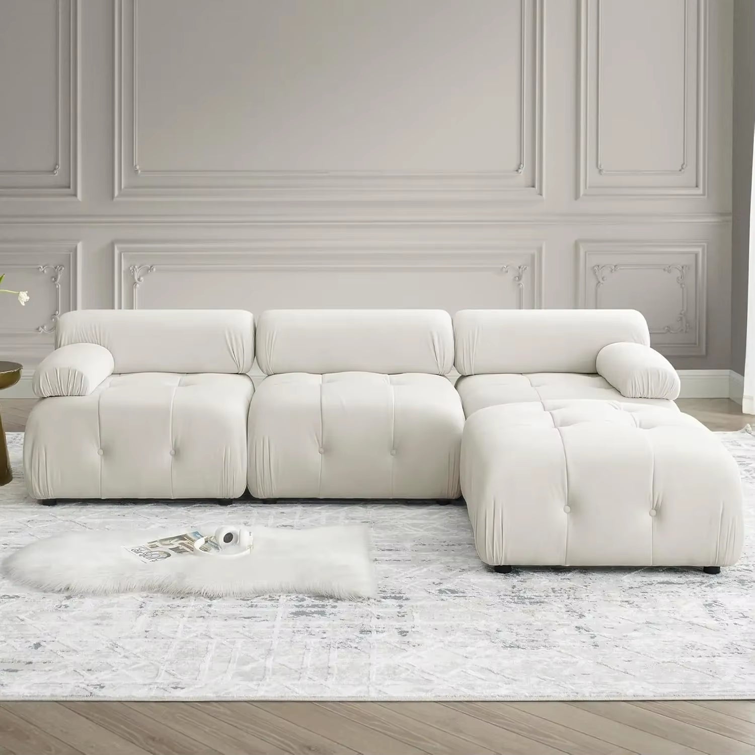 Modular Sectional Sofa, 93" Beige Velvet Sectional Cloud Couches for Living Room, Modern L-Shaped Sofa