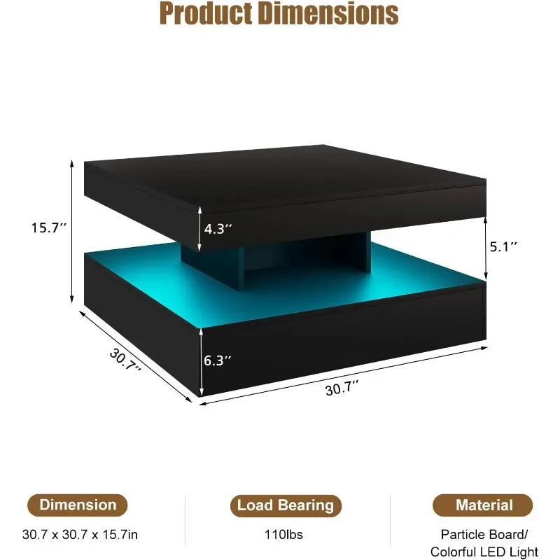 Coffee Table with Storage for Living Room Modern Smart Tall Square Center Table 2 Tier Display Shelf