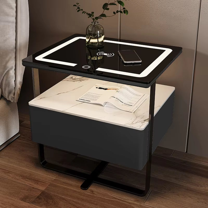 Smart Wooden Bedside Table Modern Style Bedroom Nightstands with Wireless Charging Bluetooth Speaker Home Storage Side Cabinet