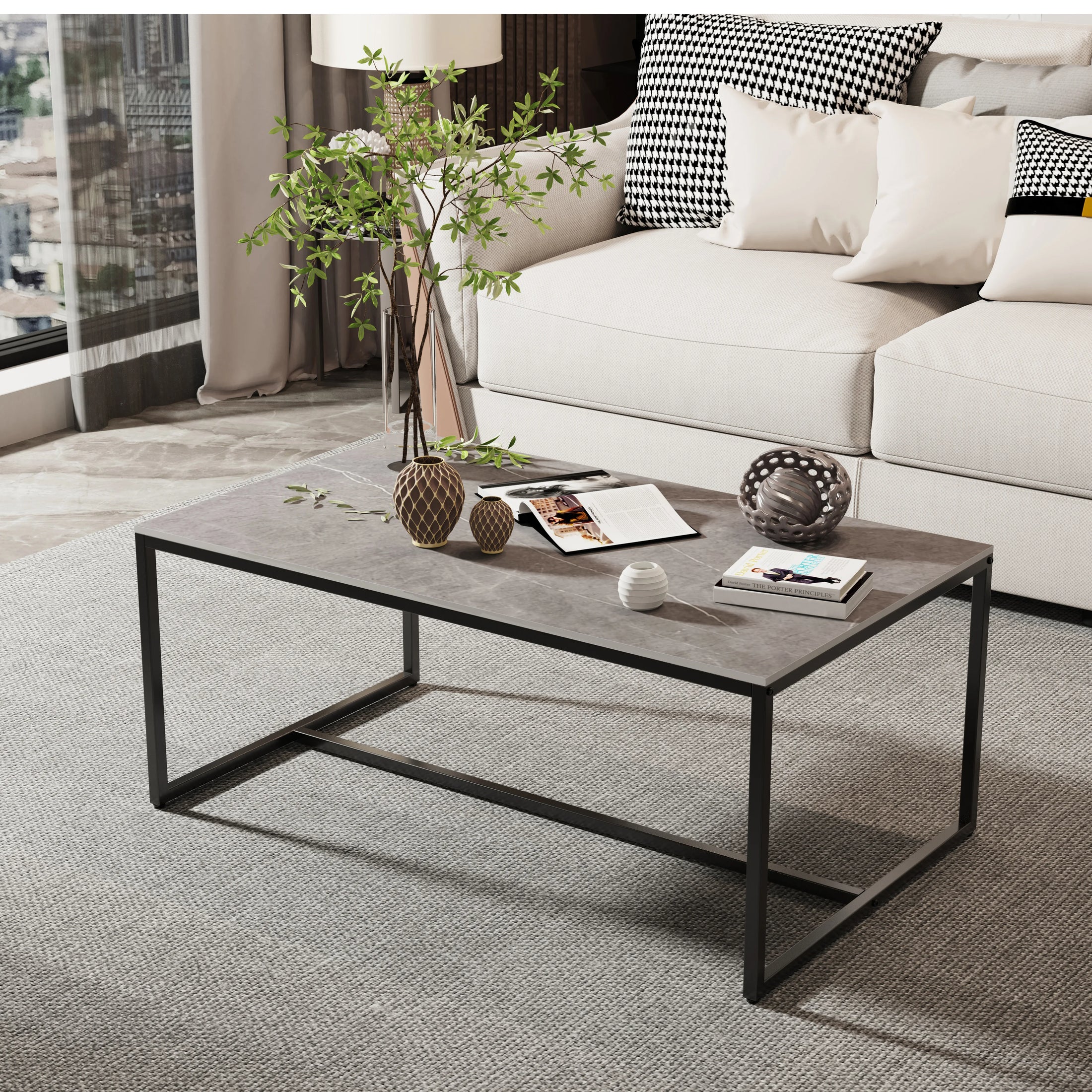 Sintered Stone Coffee Table: Grey Sofa Center Table with Black Metal Frame - Rectangular Furniture Decor Table for Living Room