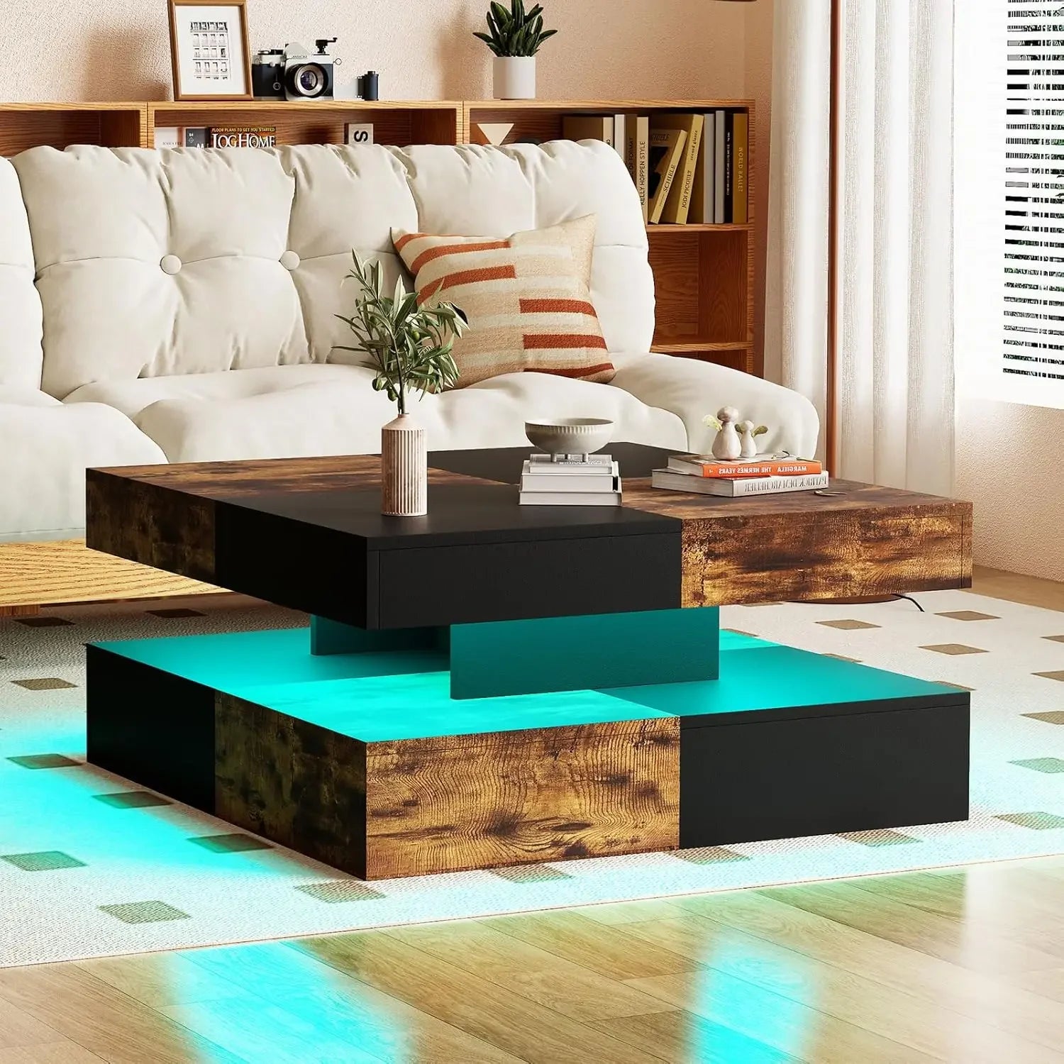 Coffee Table with Storage for Living Room Modern Smart Tall Square Center Table 2 Tier Display Shelf