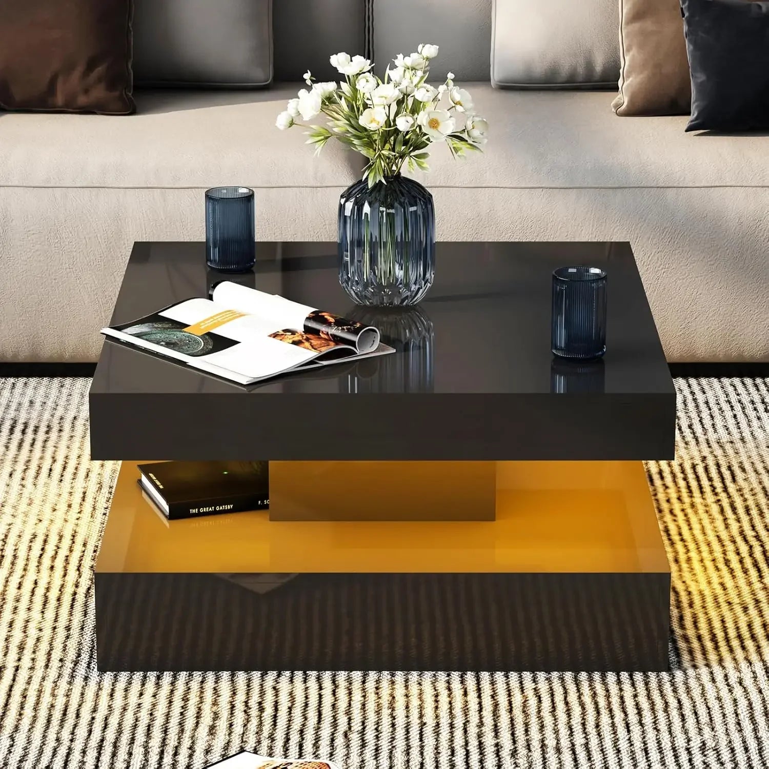 Coffee Table with Storage for Living Room Modern Smart Tall Square Center Table 2 Tier Display Shelf