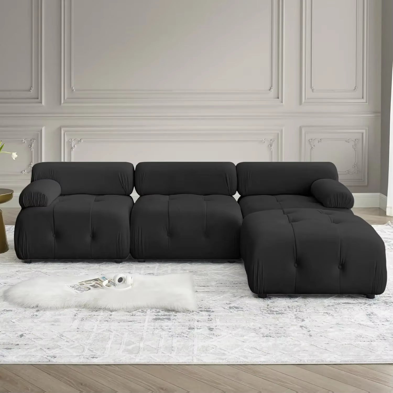 Modular Sectional Sofa, 93" Beige Velvet Sectional Cloud Couches for Living Room, Modern L-Shaped Sofa