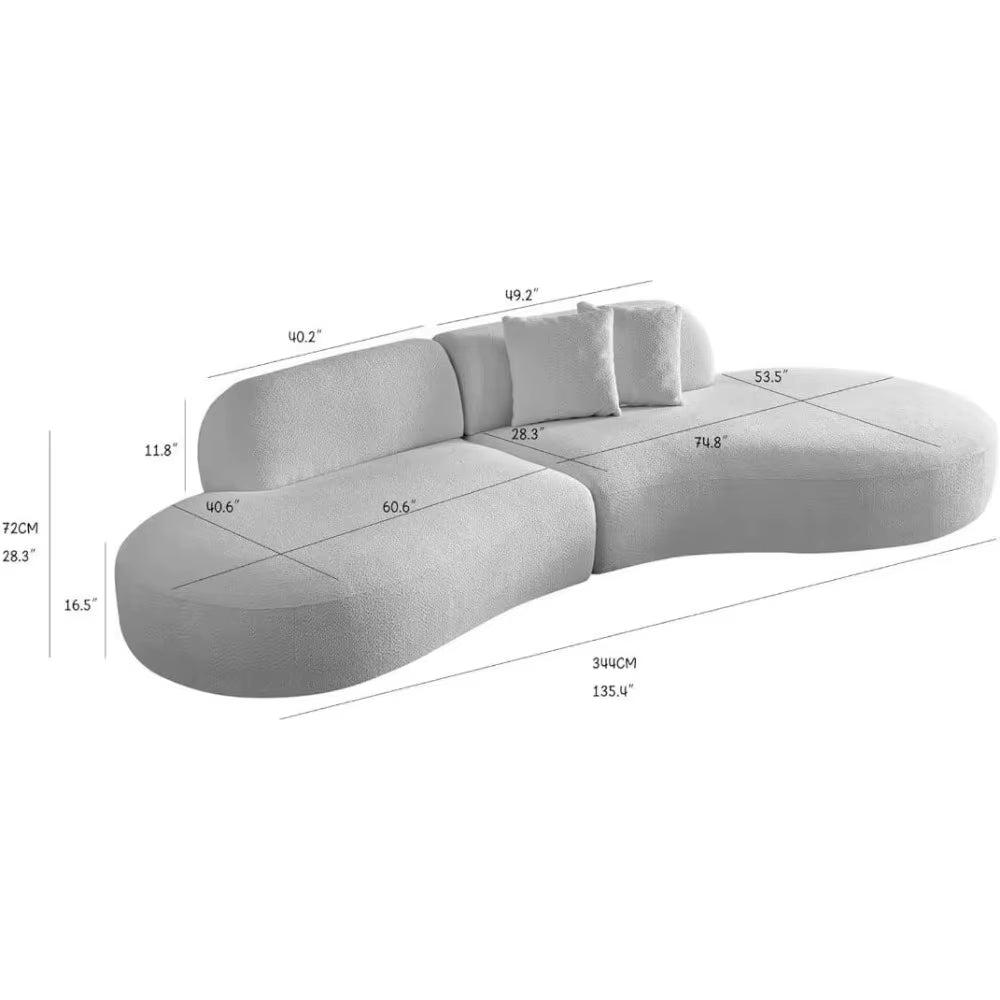 135" Curved Sectional Sofa with Right Chaise Longue,Modern Boucle Fabric Upholstered Modular Cloud Couch with 2 Throw Pillows