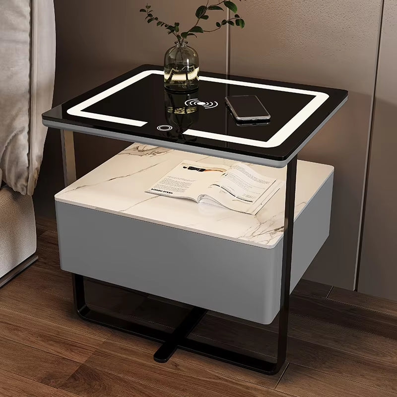 Smart Wooden Bedside Table Modern Style Bedroom Nightstands with Wireless Charging Bluetooth Speaker Home Storage Side Cabinet