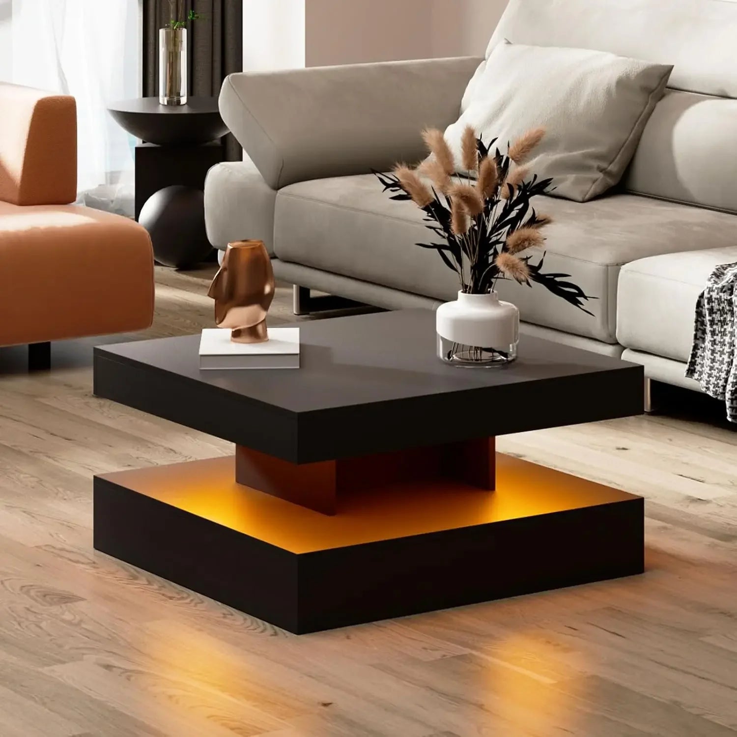 Coffee Table with Storage for Living Room Modern Smart Tall Square Center Table 2 Tier Display Shelf