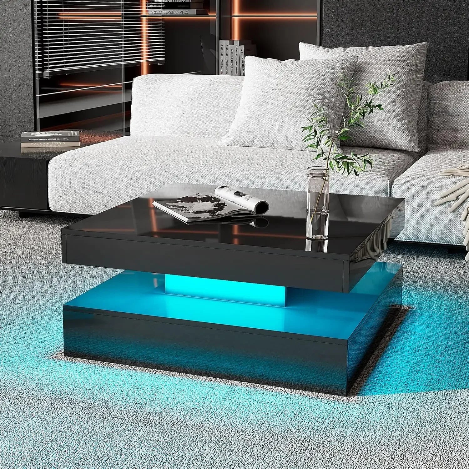 Coffee Table with Storage for Living Room Modern Smart Tall Square Center Table 2 Tier Display Shelf