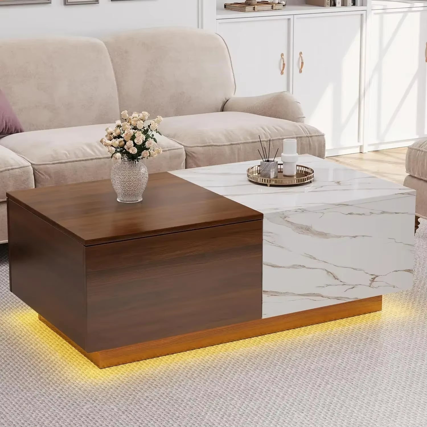 Lift Top Coffee Tables for Living Room, 43" LED Wooden Center Tables with Storage Shelf, Hidden Compartment and Drawer for Home